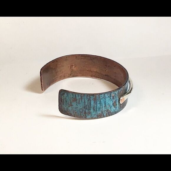 Bracelet, Copper & Sterling with Turquoise Patina Cuff, NEW, Handmade - Picture 2 of 4